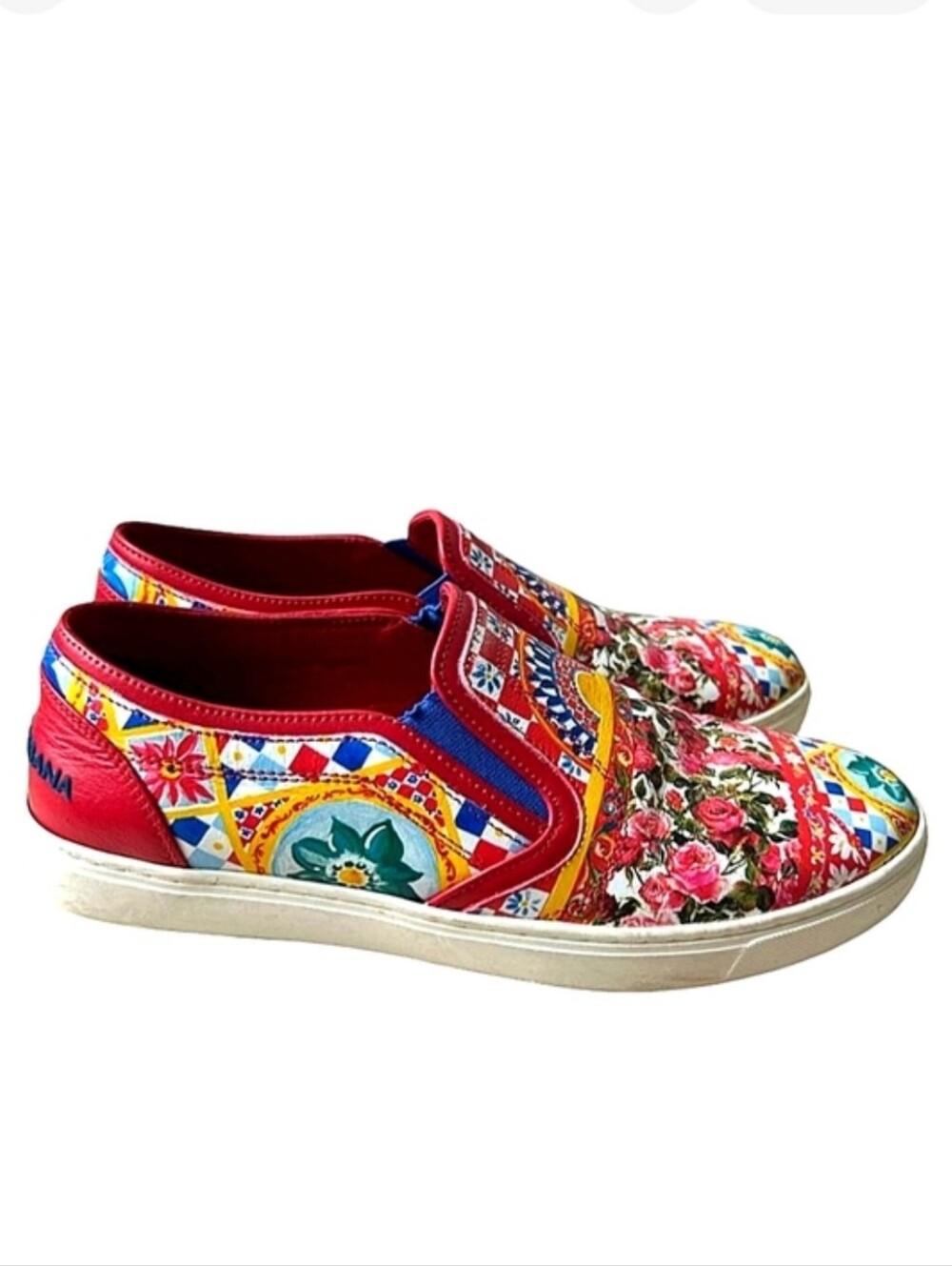 Dolce & Gabbana Red Floral & Tile Slip-On Sneakers